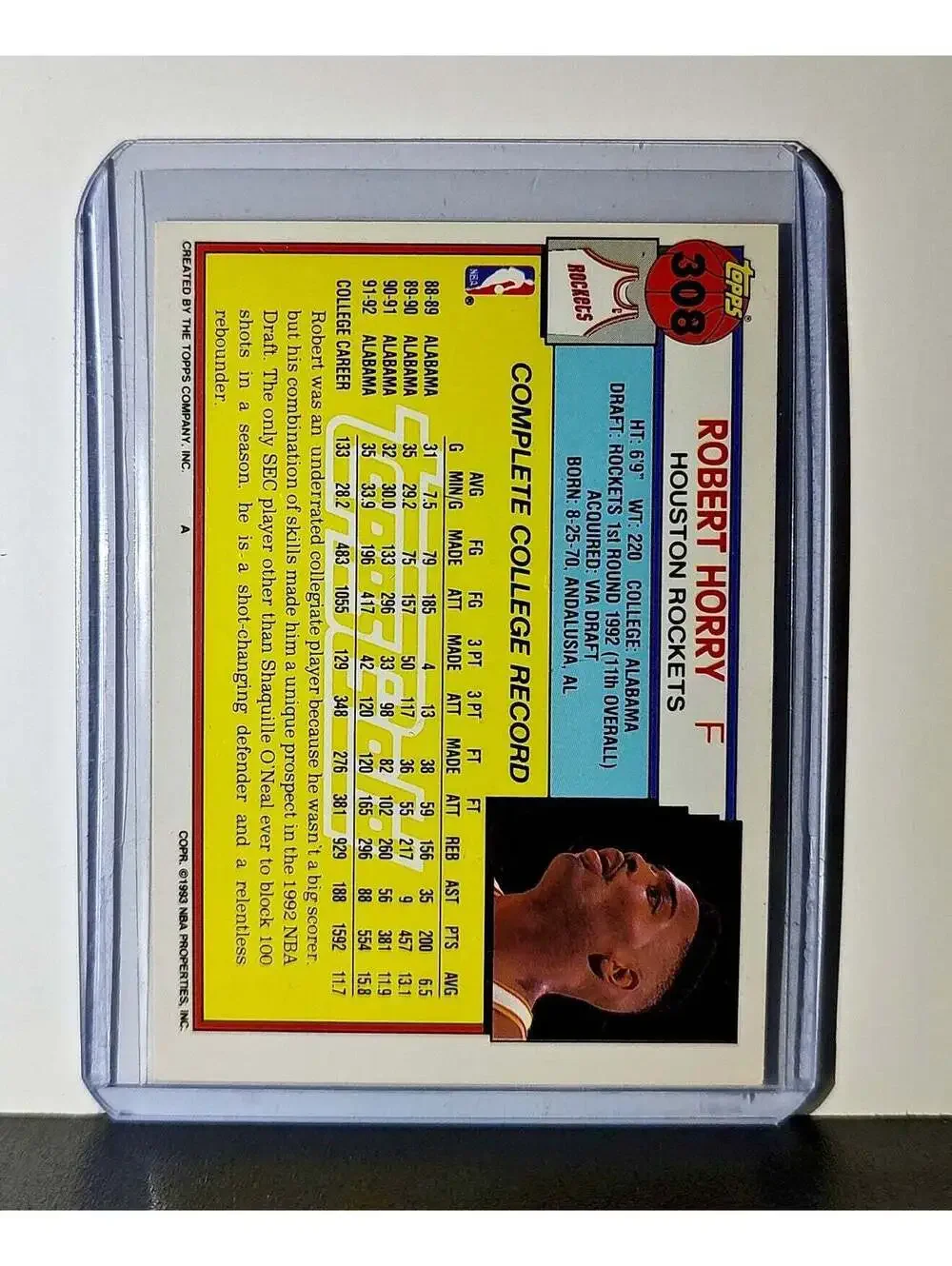 Robert Horry Rookie 1992 Topps Draft Pick NBA #308 Card Houston Rockets